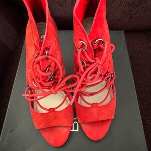 BCBGeneration Red Suede Lace-Up Open-Toe Heels